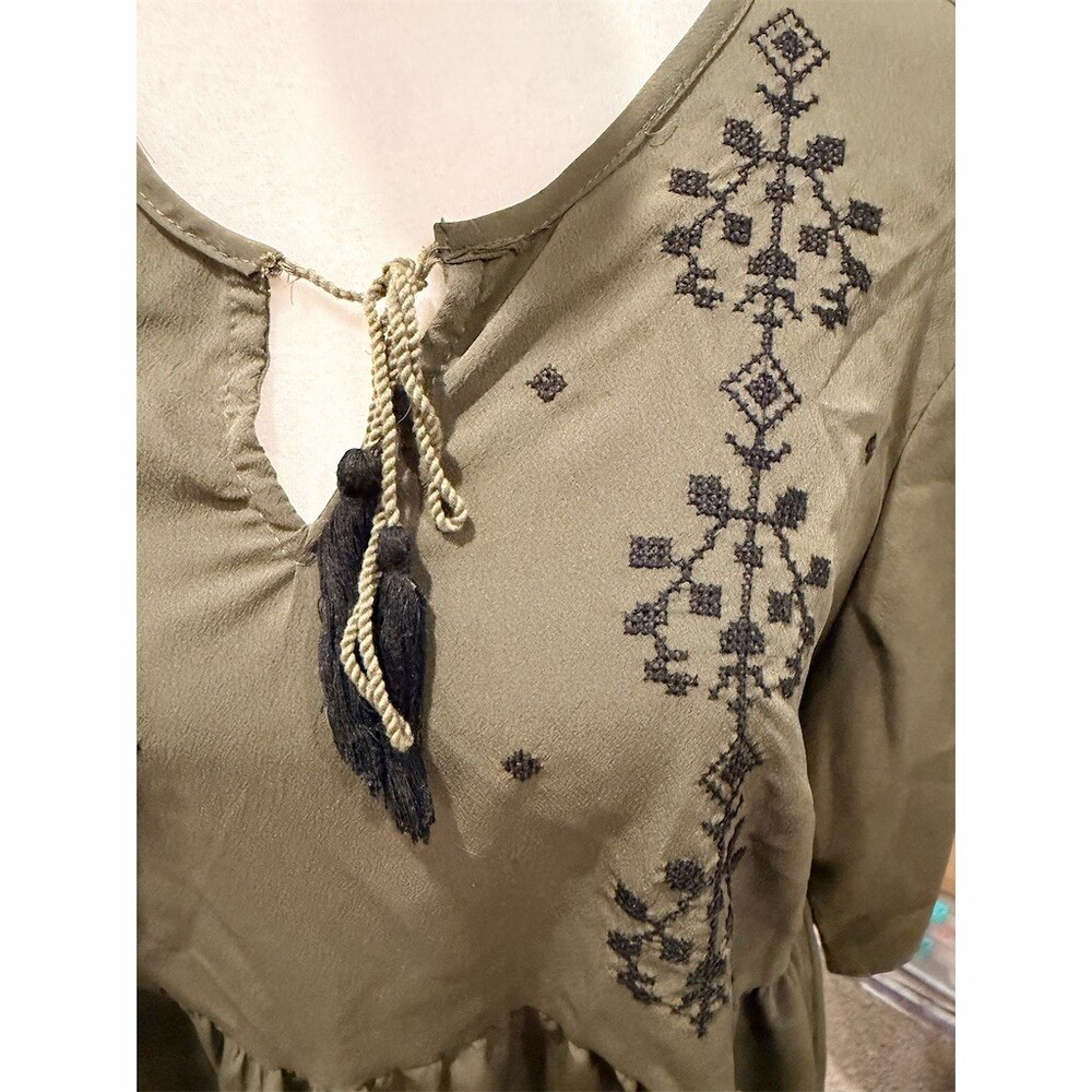 Mayra Tunic Top Womens Petite Small Olive Green Embroidered Peplum Tie - Picture 5 of 7